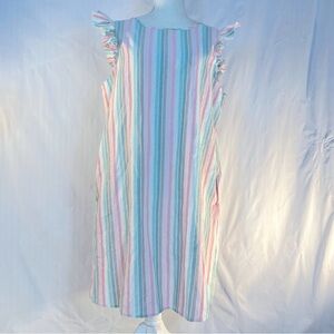 Emory Rose Dress Pink/Green Striped Silver Metallic Thread Ruffle Cap Sleeve XL👍